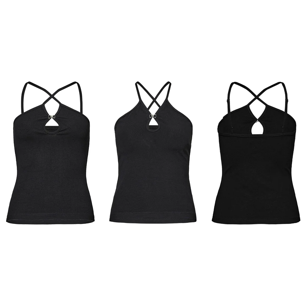OPT-888DDF Strappy Black Punk Shirts with Keyhole Detailing Top
