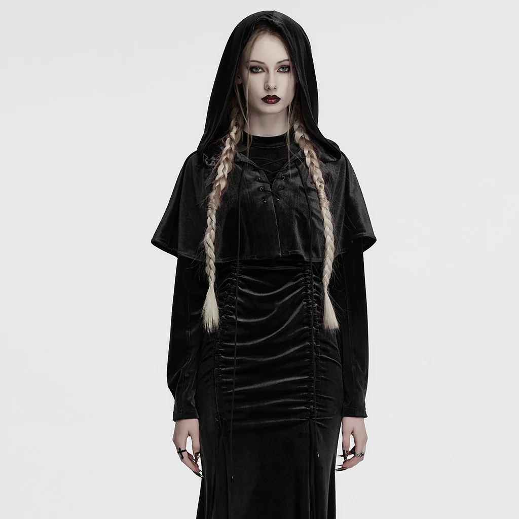 OPY-444DQF Velvet Gothic Hooded Coat with Pom Poms Draped Design - Image 13