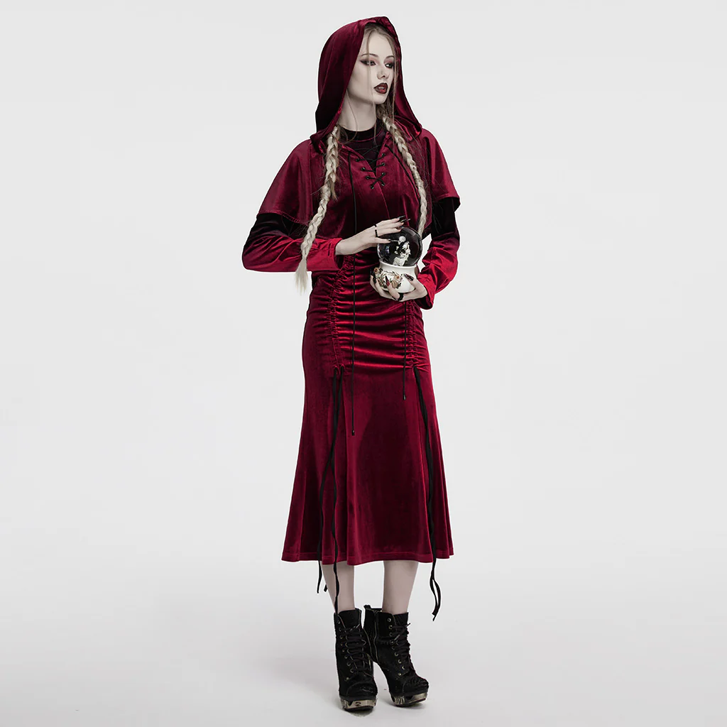 OPY-444DQF Velvet Gothic Hooded Coat with Pom Poms Draped Design - Image 26