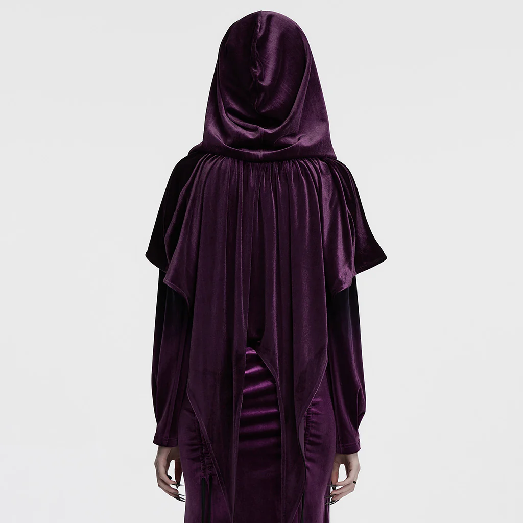 OPY-444DQF Velvet Gothic Hooded Coat with Pom Poms Draped Design - Image 5