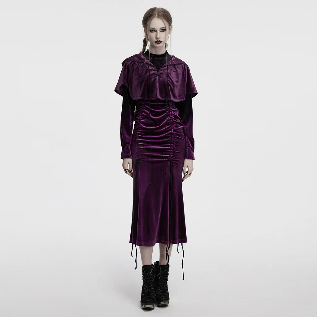 OPY-444DQF Velvet Gothic Hooded Coat with Pom Poms Draped Design - Image 6