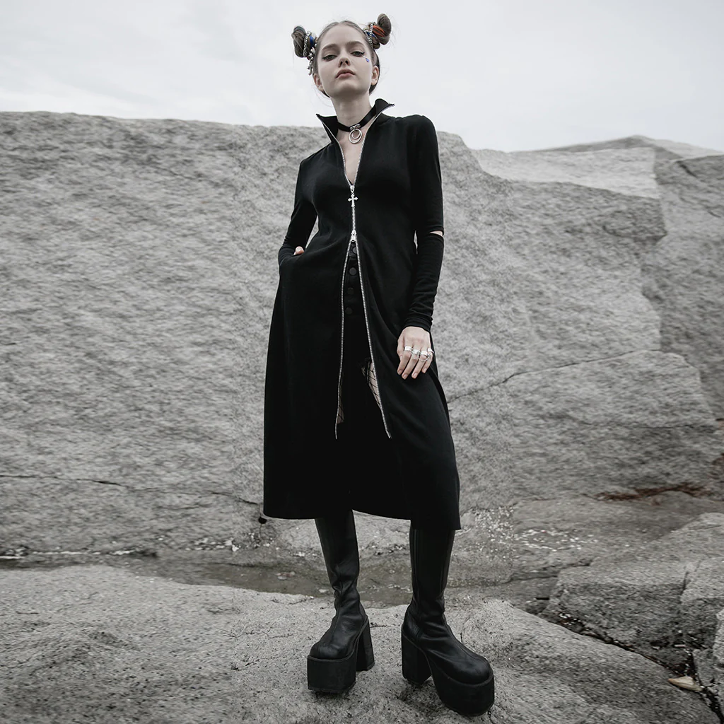 OPY-487XCF Gothic Coat Long Sleek Black Zip-Up Dress - Image 3