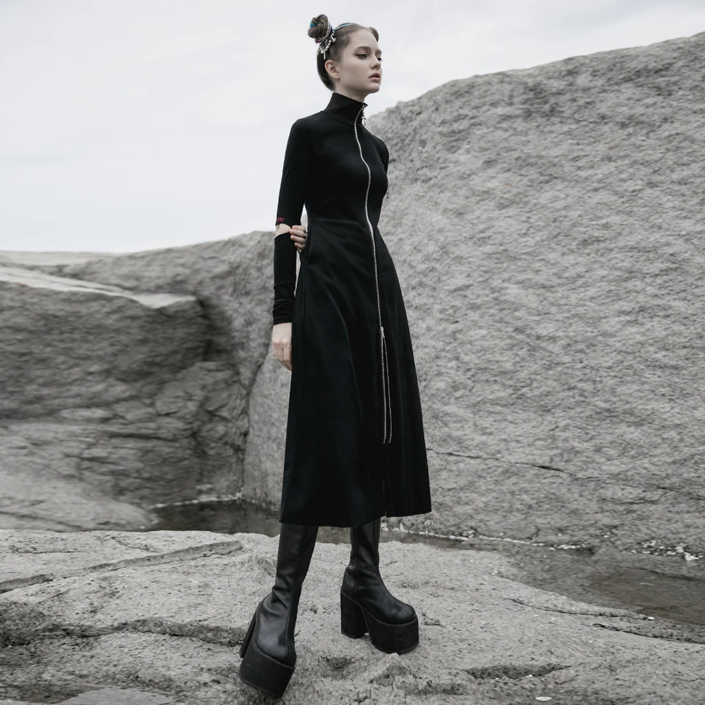 OPY-487XCF Gothic Coat Long Sleek Black Zip-Up Dress - Image 4