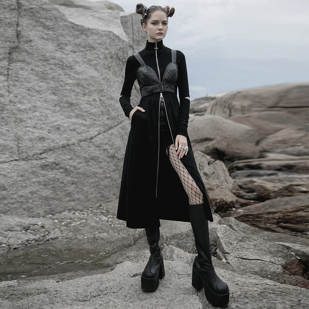 OPY-487XCF Gothic Coat Long Sleek Black Zip-Up Dress - Image 6
