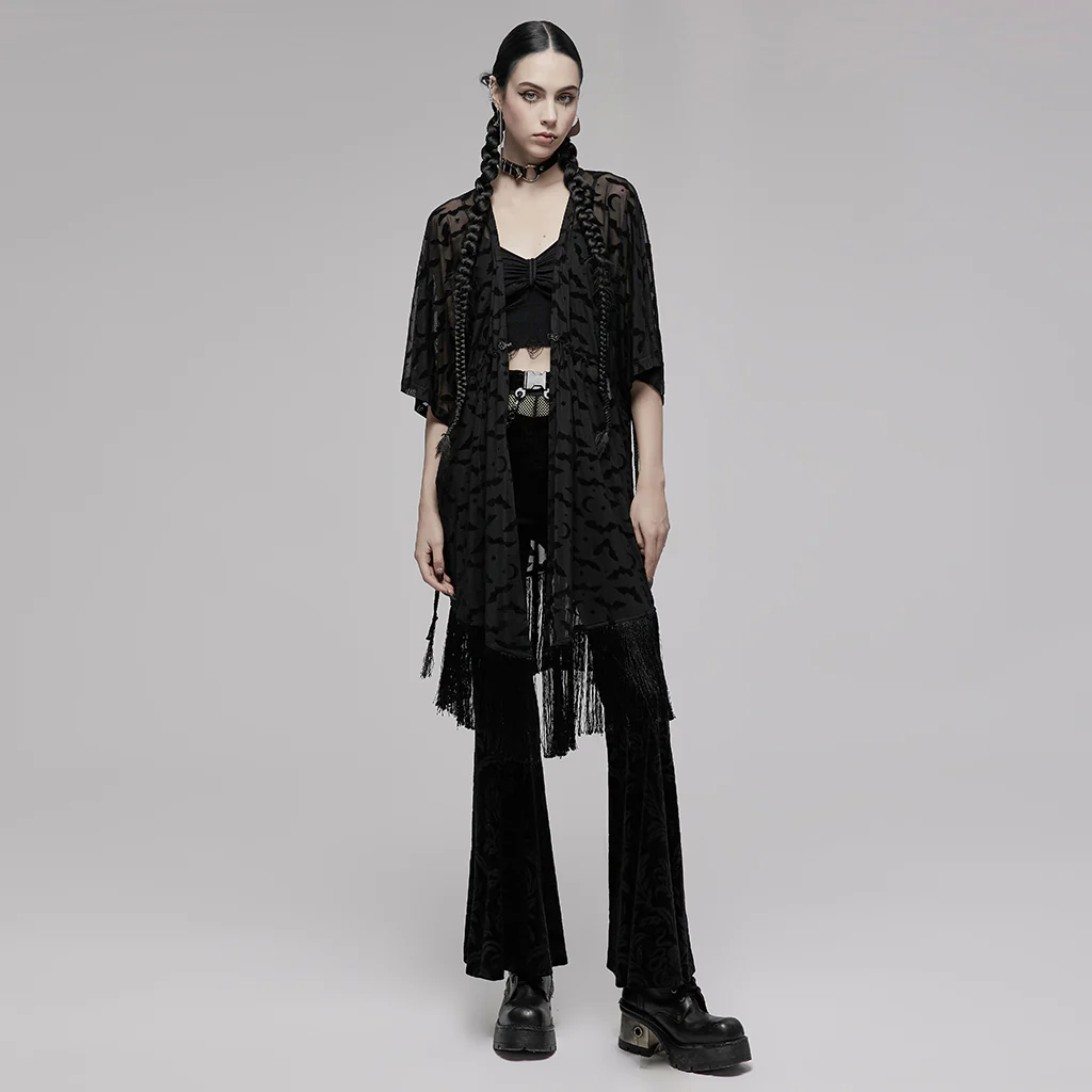 OPY-656DPF Gothic Coat Sheer Fringe Layered Black Longline Jacket Gothic Sheer Lace Fringe Open Front Coat Women - Image 5