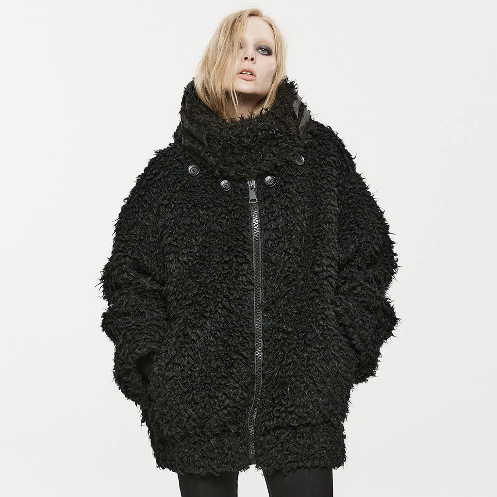 OPY-708XCF Punk Coat Oversized Furry Black Jacket High Collar Zippered Style - Image 11