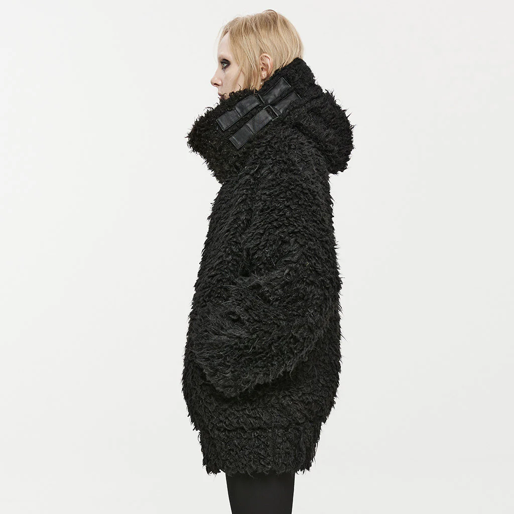 OPY-708XCF Punk Coat Oversized Furry Black Jacket High Collar Zippered Style - Image 13