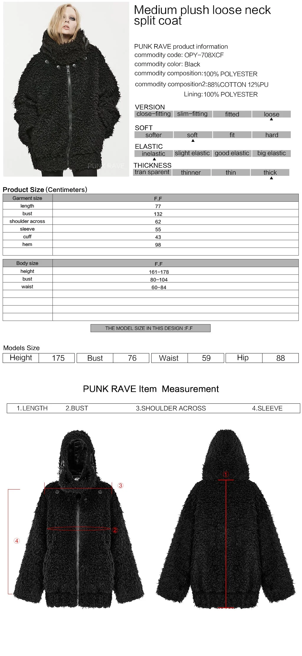 OPY-708XCF Punk Coat Oversized Furry Black Jacket High Collar Zippered Style - Image 22