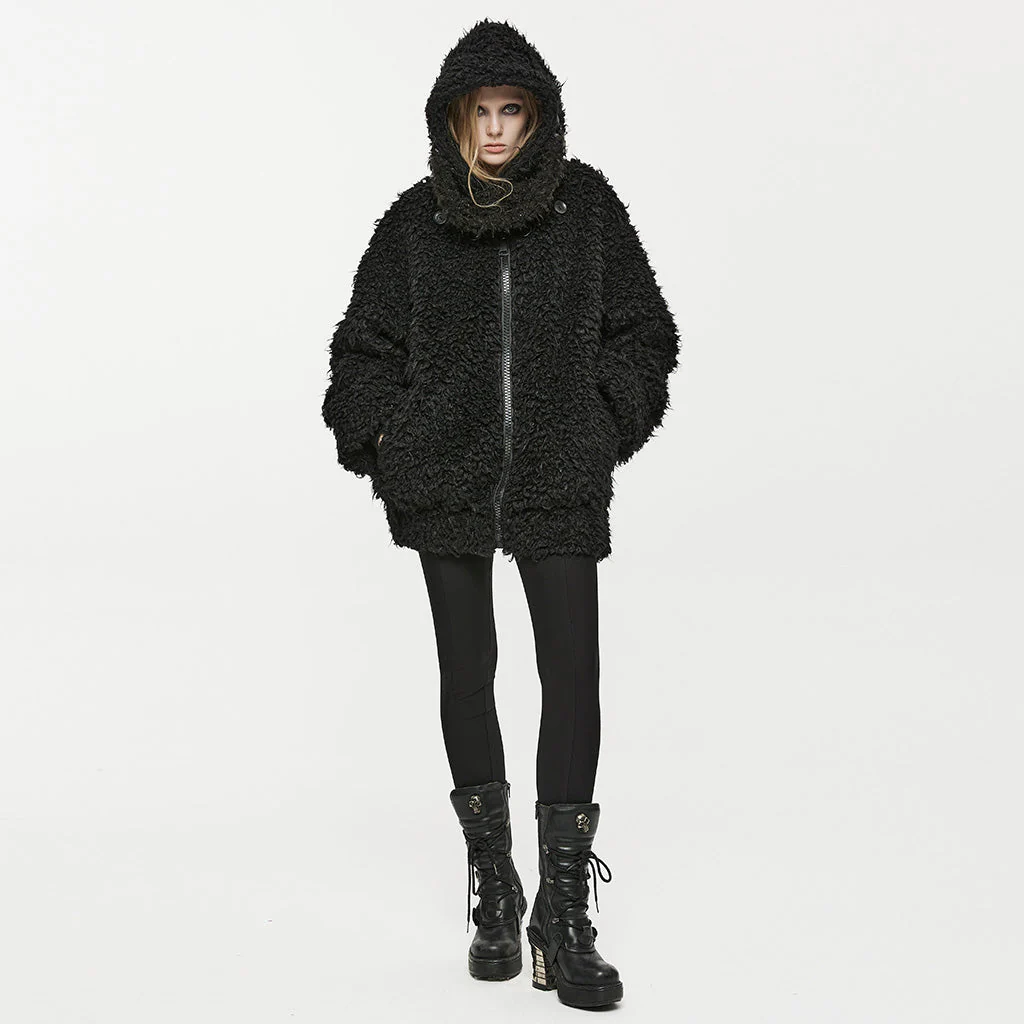 OPY-708XCF Punk Coat Oversized Furry Black Jacket High Collar Zippered Style - Image 25