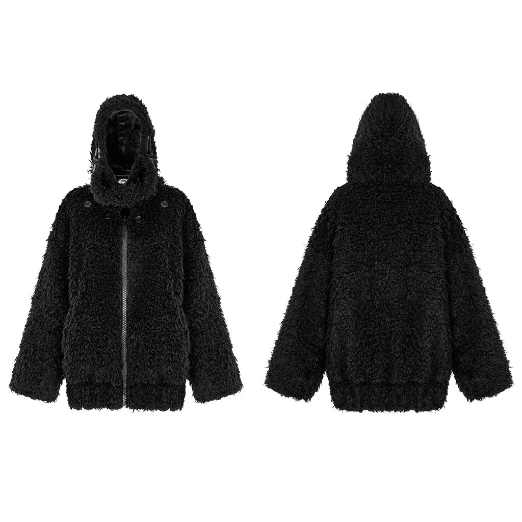 OPY-708XCF Punk Coat Oversized Furry Black Jacket High Collar Zippered Style - Image 26
