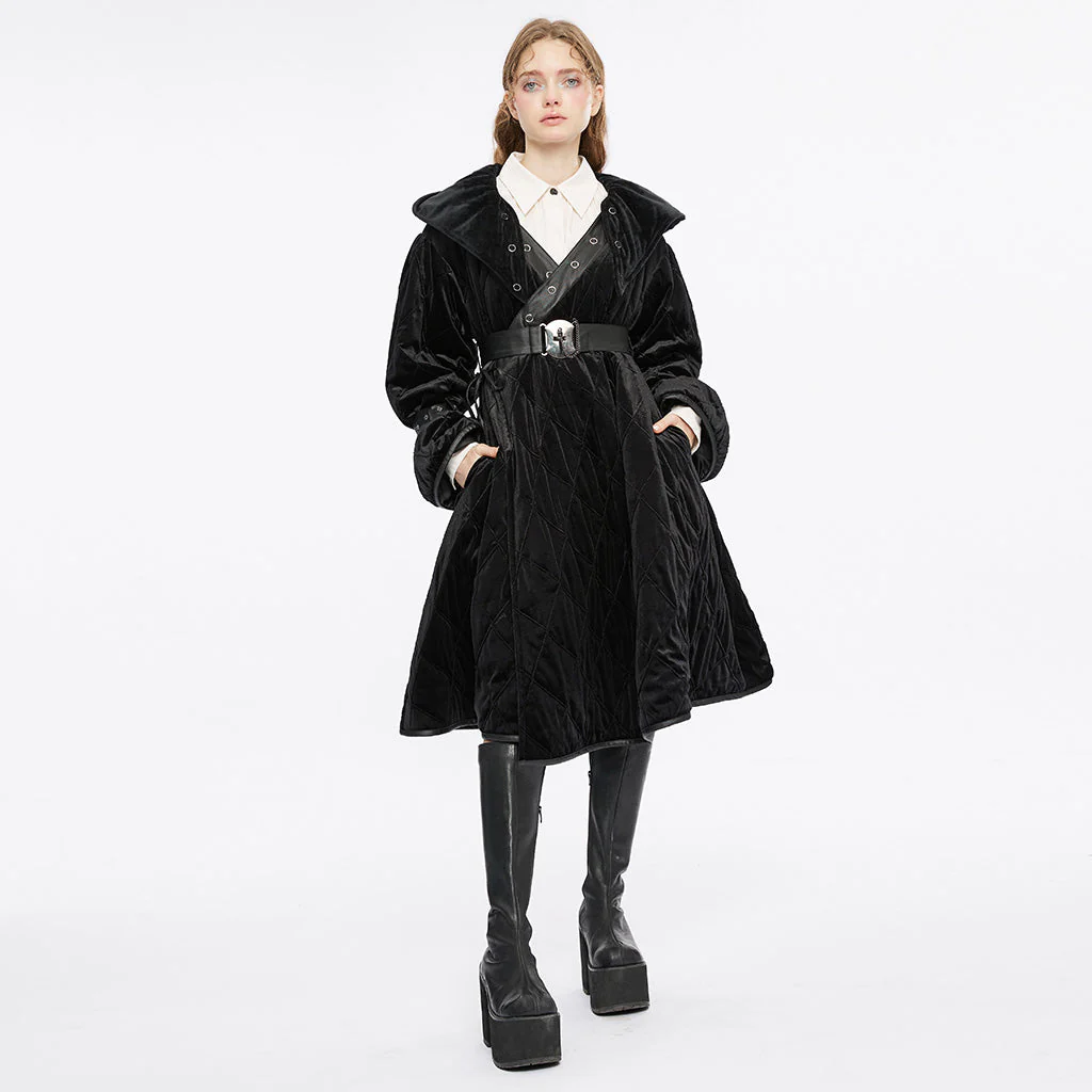 OPY-714XCF Reversible Hooded Gothic Coat Double-Sided Velvet Belted Design - Image 15