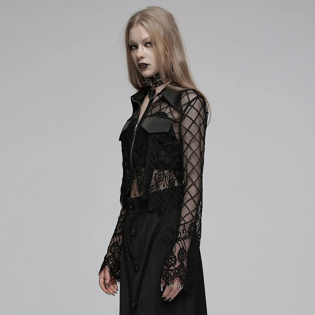 OPY-751XDF Gothic Lace Punk Jackets Black Mesh Embroidered Cropped Design Gothic Lace Mesh Punk Jackets with Leather Trim Details Edgy Lace Gothic Jacket with Mesh and Leather Details - Image 4