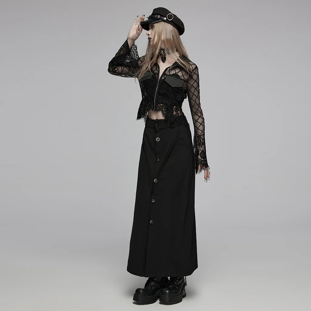 OPY-751XDF Gothic Lace Punk Jackets Black Mesh Embroidered Cropped Design Gothic Lace Mesh Punk Jackets with Leather Trim Details Edgy Lace Gothic Jacket with Mesh and Leather Details - Image 6