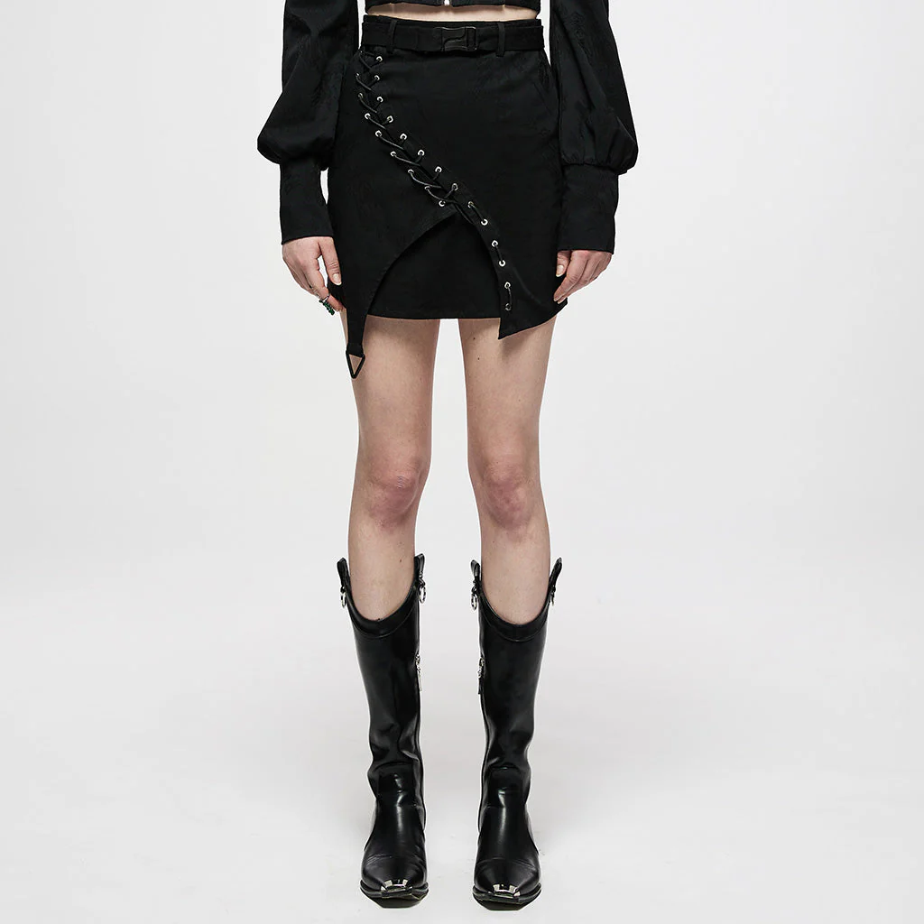 OQ-007DQF Edgy Black Punk Skirt with Belted Zipper Detail - Image 22