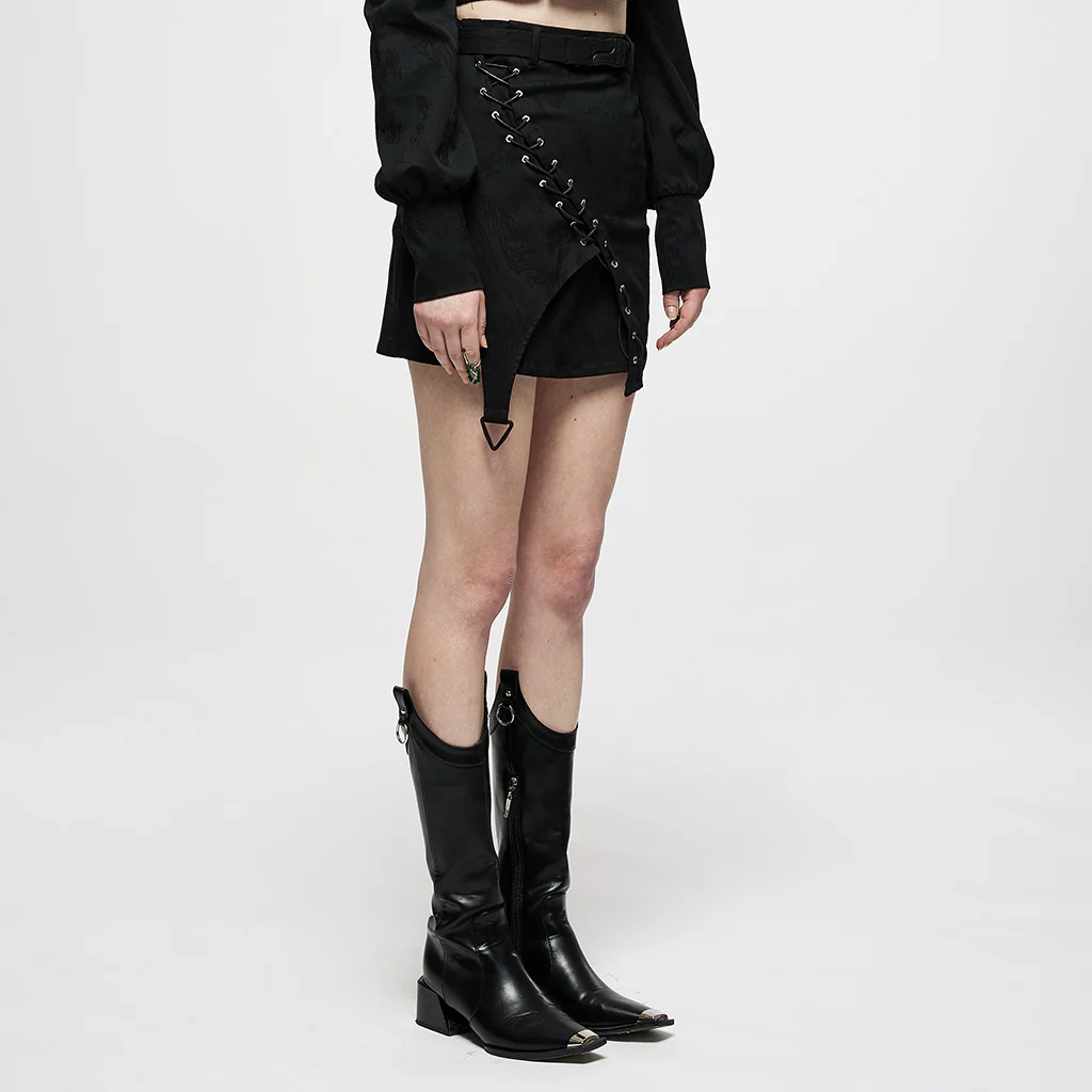 OQ-007DQF Edgy Black Punk Skirt with Belted Zipper Detail - Image 5