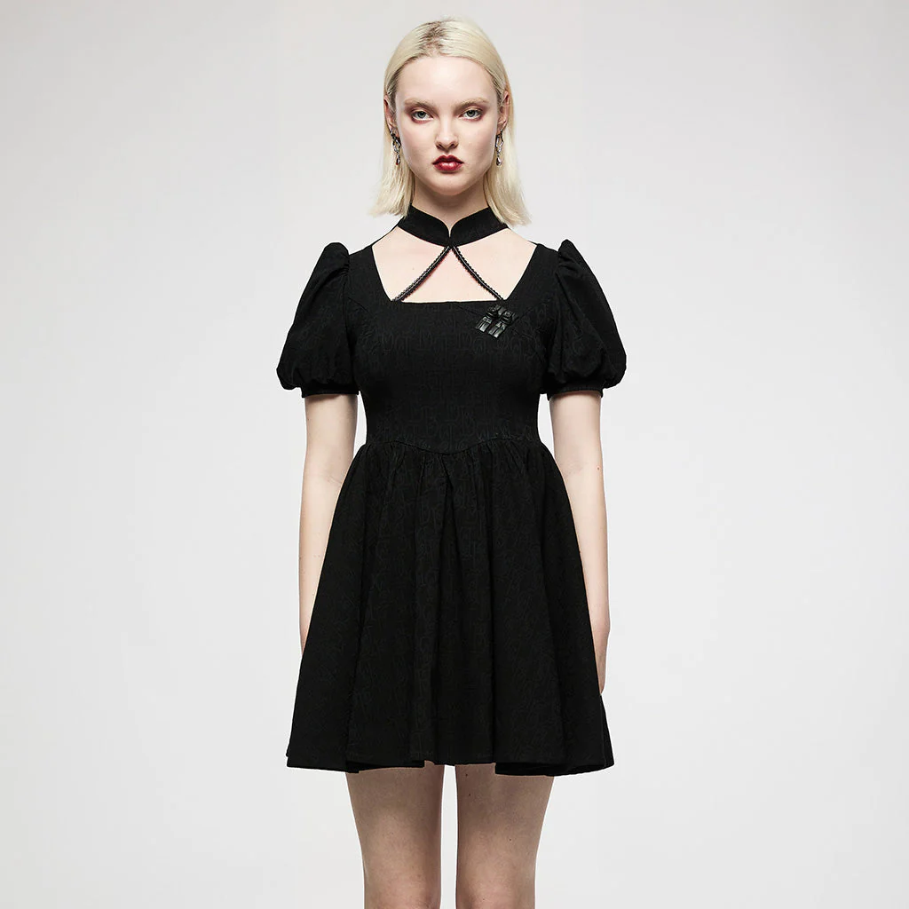 OQ-012LQF Gothic Dress Black Puff Sleeve Cross Neckline Mini Dress - Image 20