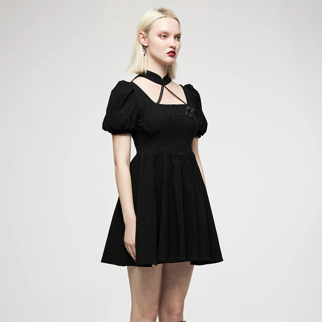 OQ-012LQF Gothic Dress Black Puff Sleeve Cross Neckline Mini Dress - Image 22