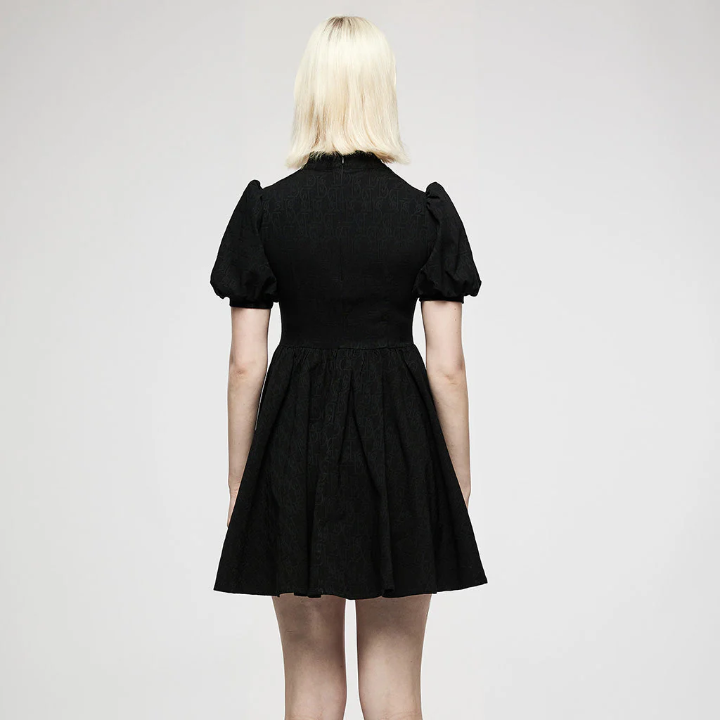 OQ-012LQF Gothic Dress Black Puff Sleeve Cross Neckline Mini Dress - Image 23