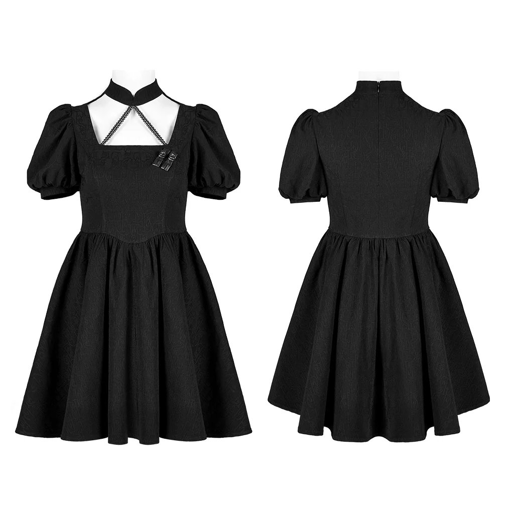 OQ-012LQF Gothic Dress Black Puff Sleeve Cross Neckline Mini Dress - Image 6