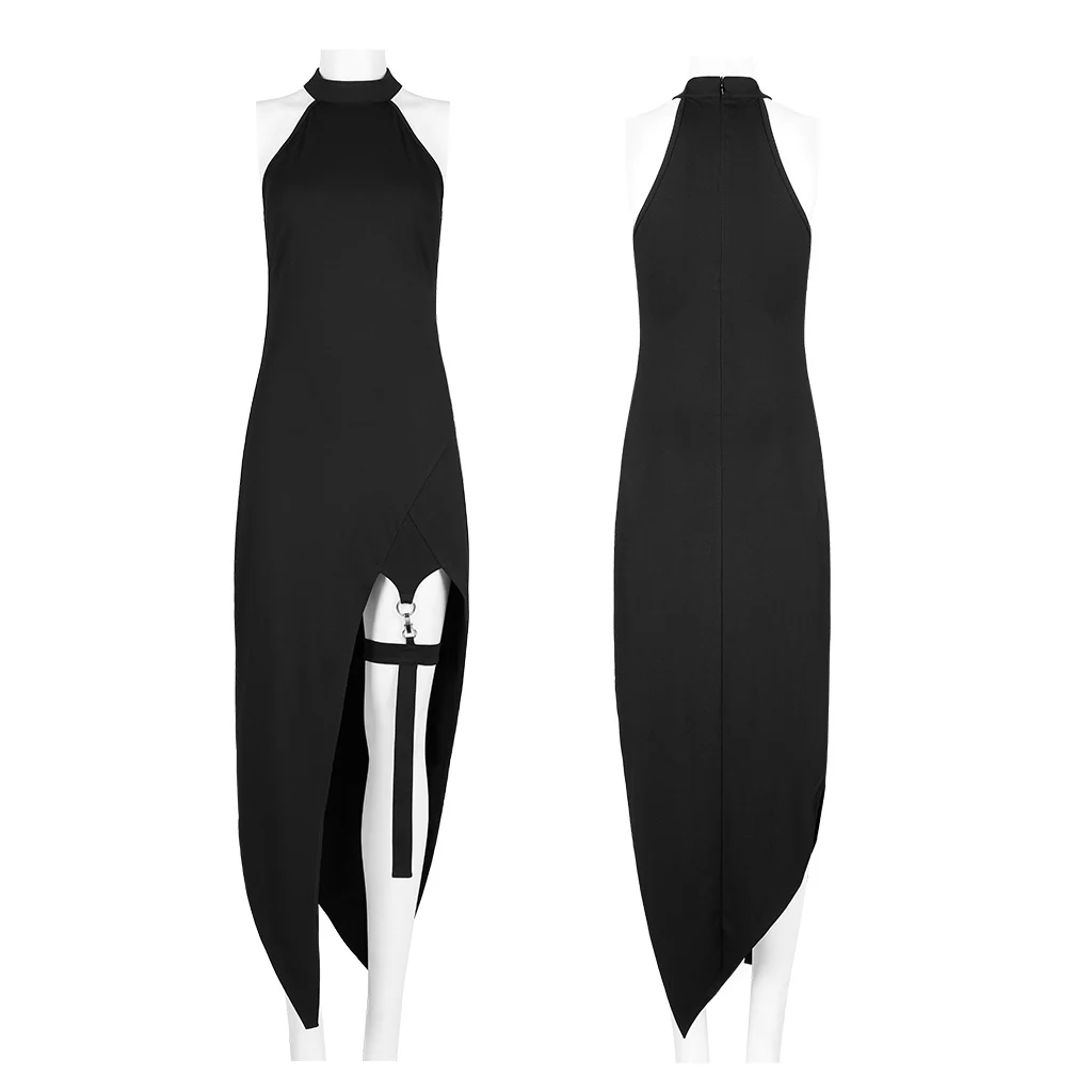 OQ-015LQF Edgy Asymmetrical Halter Punk Dress with Chain Detail - Image 6