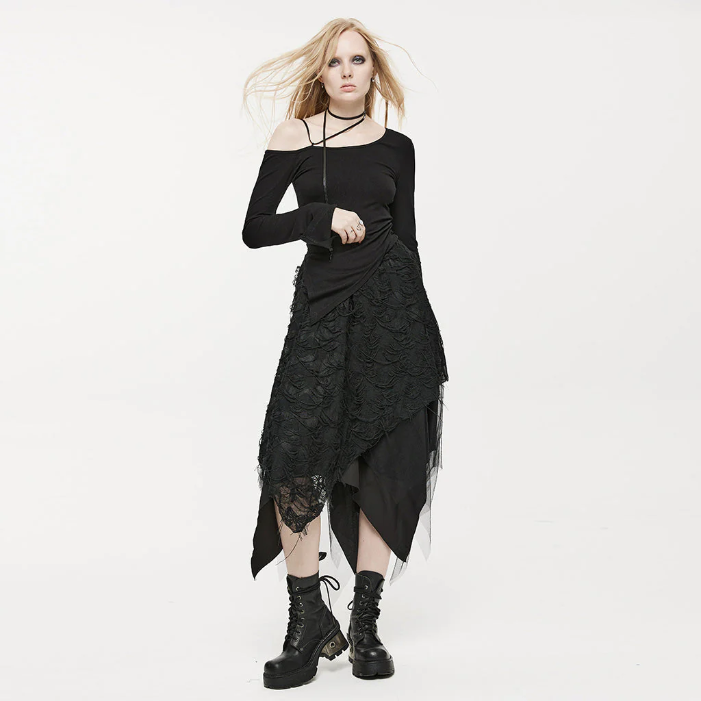 OQ-020BQF Gothic Skirt Asymmetrical Lace Layered Tattered Hem Fashion Statement - Image 20