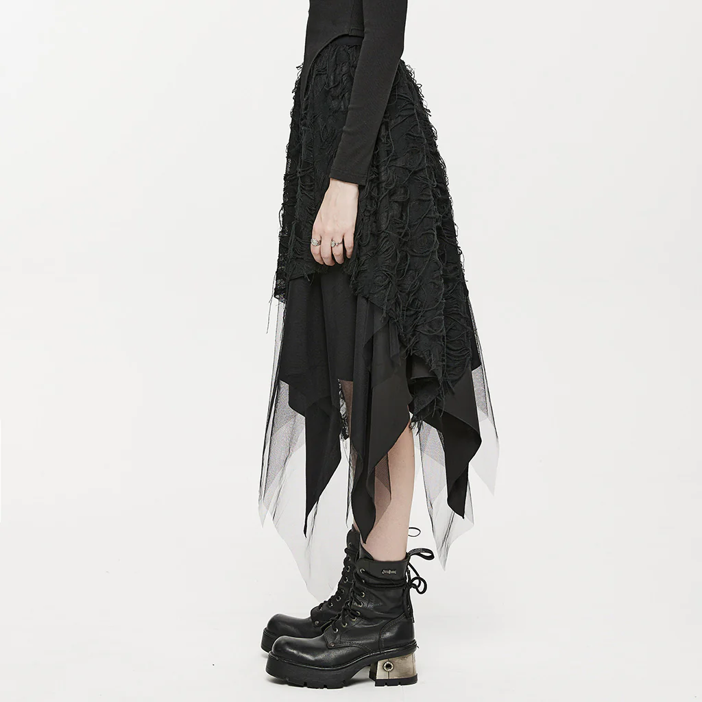 OQ-020BQF Gothic Skirt Asymmetrical Lace Layered Tattered Hem Fashion Statement - Image 3
