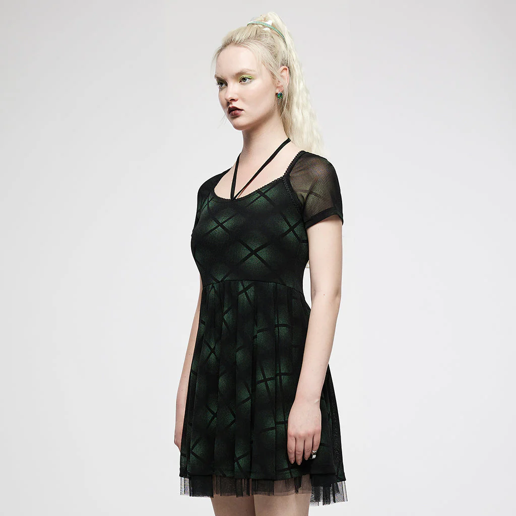 OQ-021LQF Edgy Mesh Punk Dresses with Halter Neck Top Skater Style - Image 23