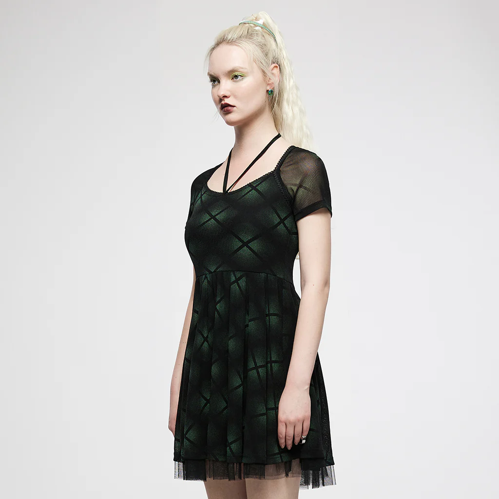 OQ-021LQF Edgy Mesh Punk Dresses with Halter Neck Top Skater Style - Image 3