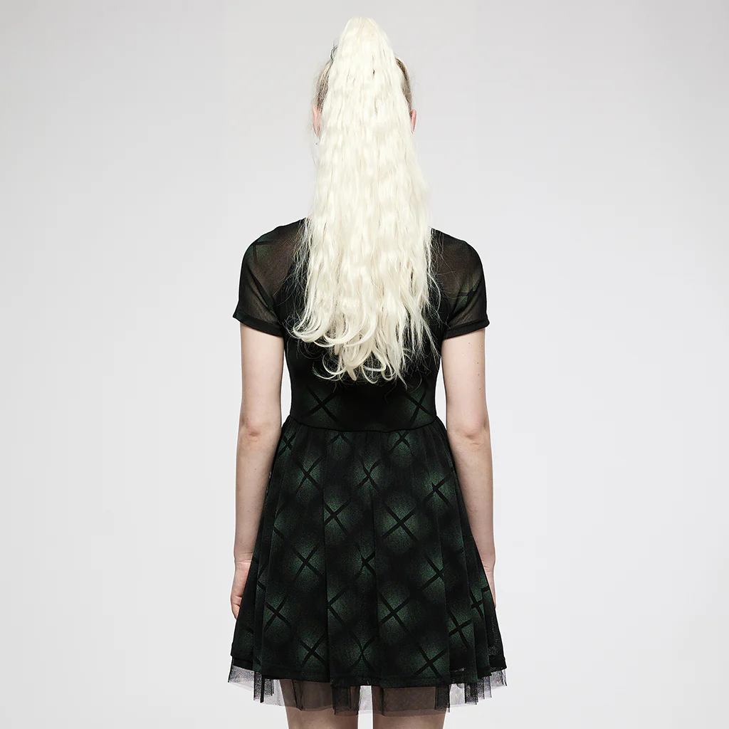 OQ-021LQF Edgy Mesh Punk Dresses with Halter Neck Top Skater Style - Image 4