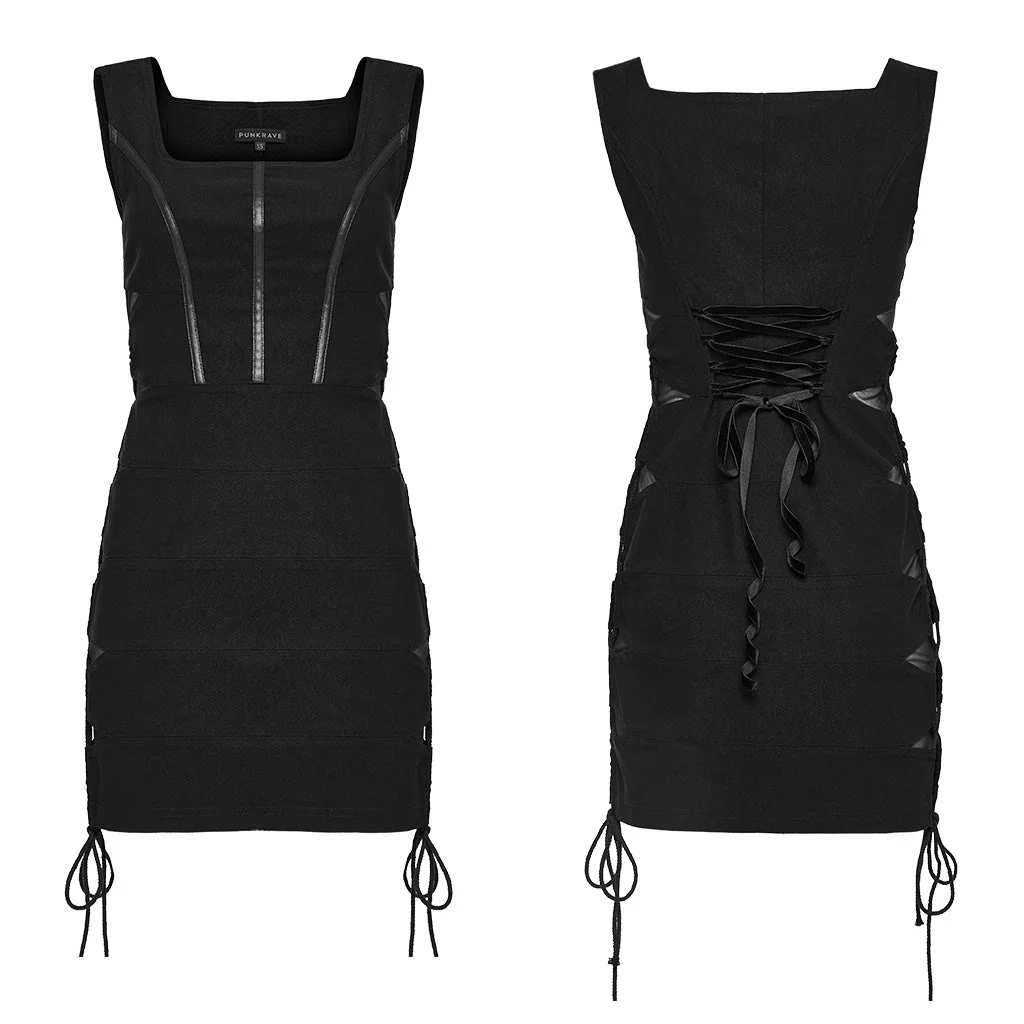 OQ-647LQF Edgy Black Lace-Up Bodycon Punk Dress with Sleek Details - Image 11