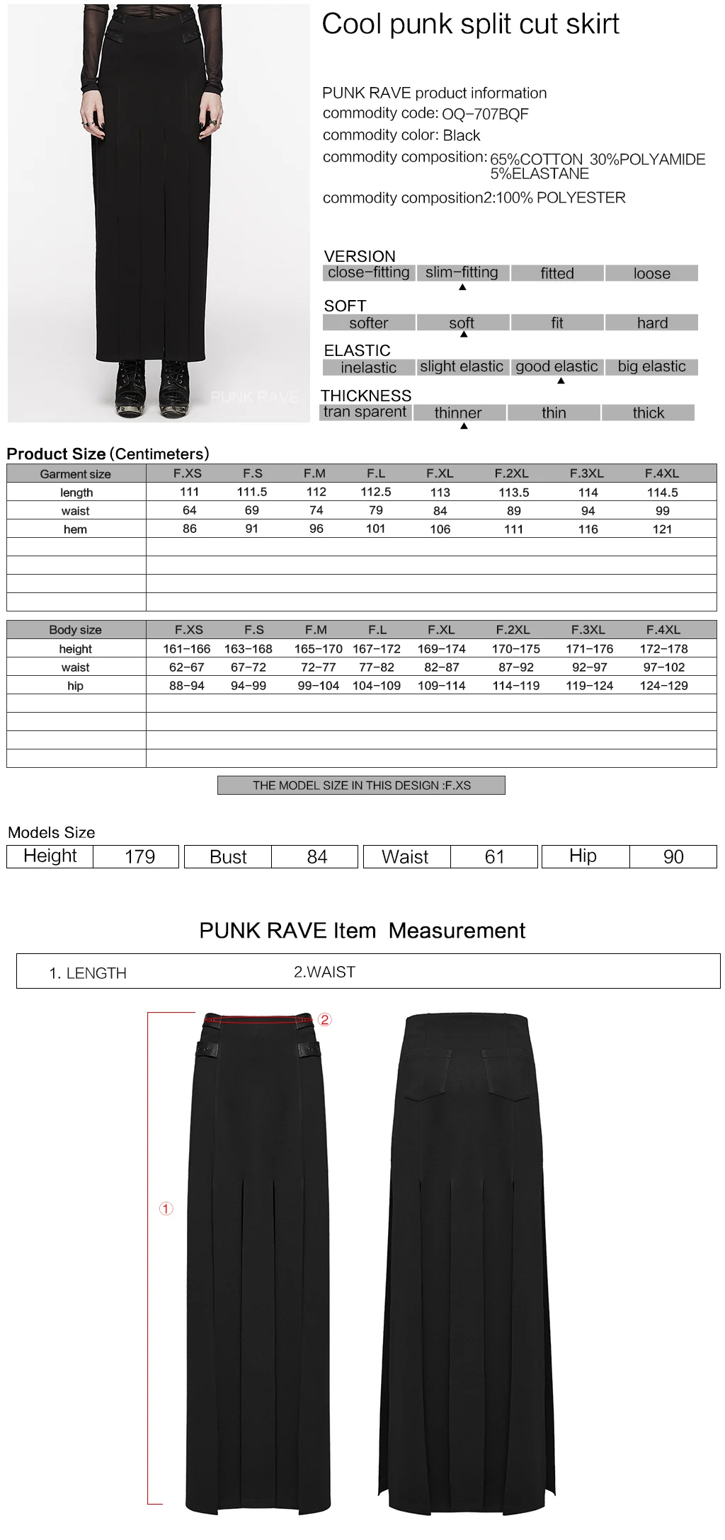OQ-707BQF Edgy Long Black Pleated Punk Skirt with Belt Accents - Image 2