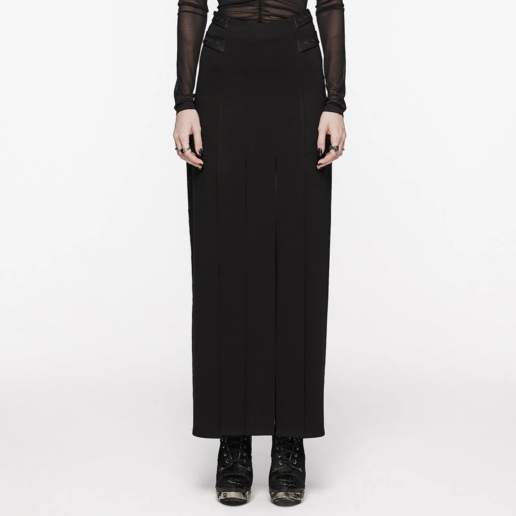 OQ-707BQF Edgy Long Black Pleated Punk Skirt with Belt Accents - Image 22