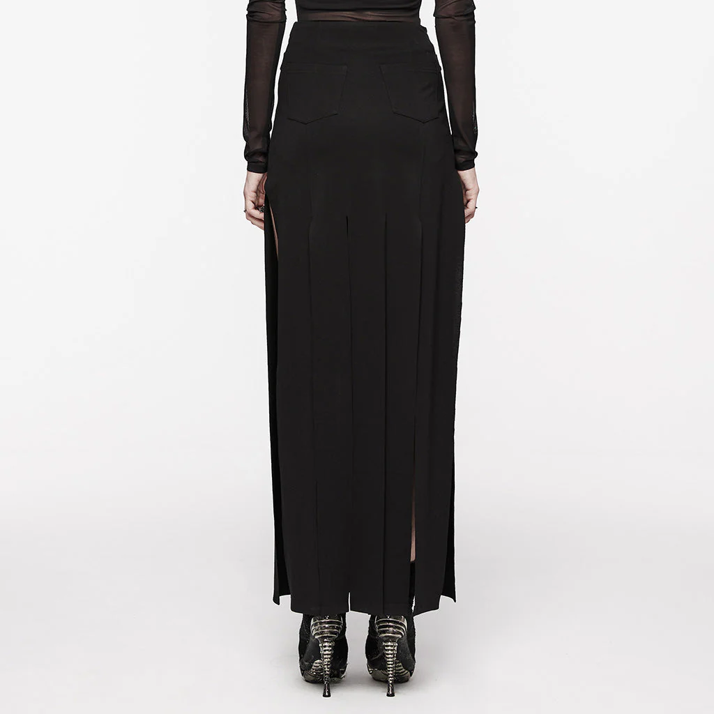 OQ-707BQF Edgy Long Black Pleated Punk Skirt with Belt Accents - Image 24