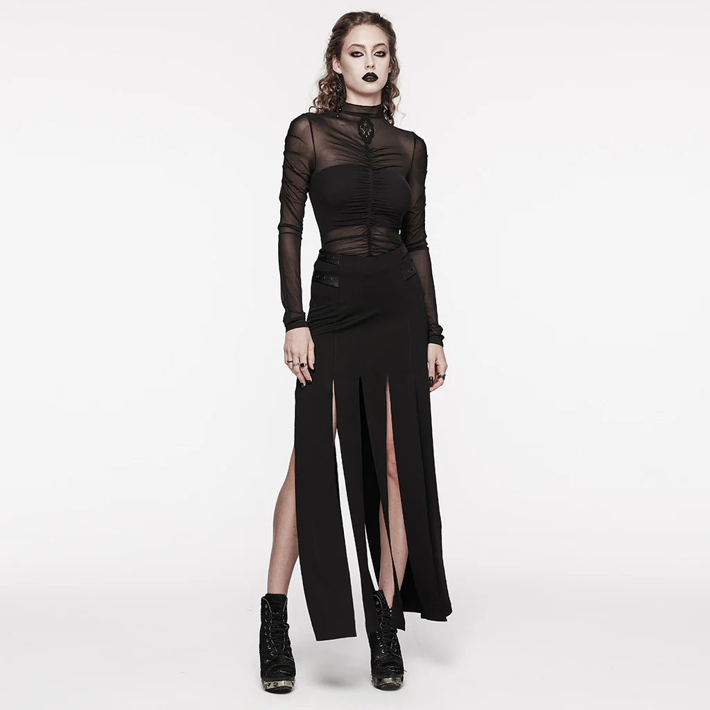 OQ-707BQF Edgy Long Black Pleated Punk Skirt with Belt Accents - Image 6