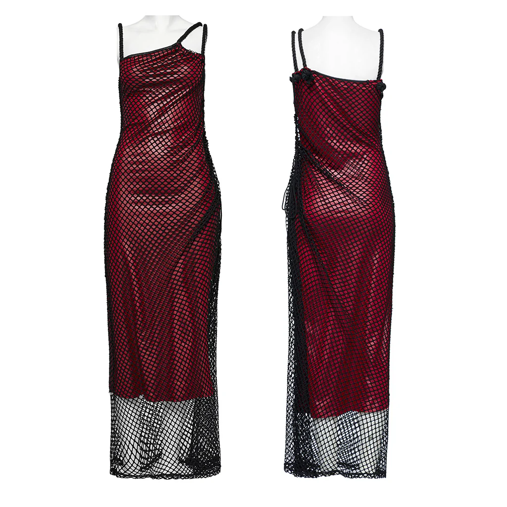 OQ-721LQF Gothic Dress Fishnet Overlay Asymmetric Shoulder Elegant Red Maxi