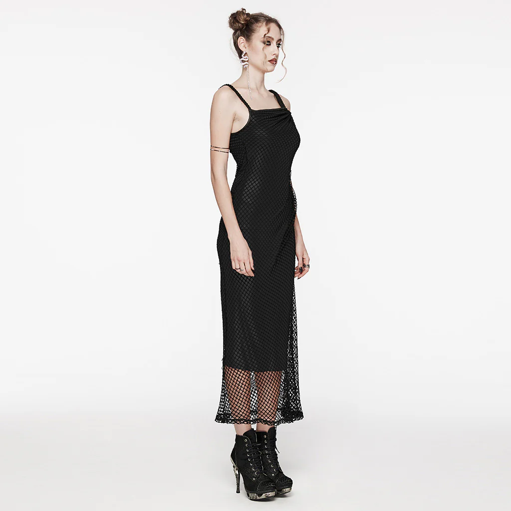 OQ-721LQF Gothic Dress Fishnet Overlay Asymmetric Shoulder Elegant Red Maxi - Image 14