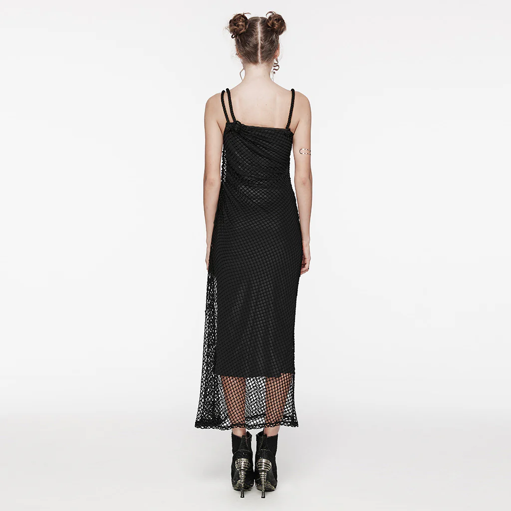 OQ-721LQF Gothic Dress Fishnet Overlay Asymmetric Shoulder Elegant Red Maxi - Image 15