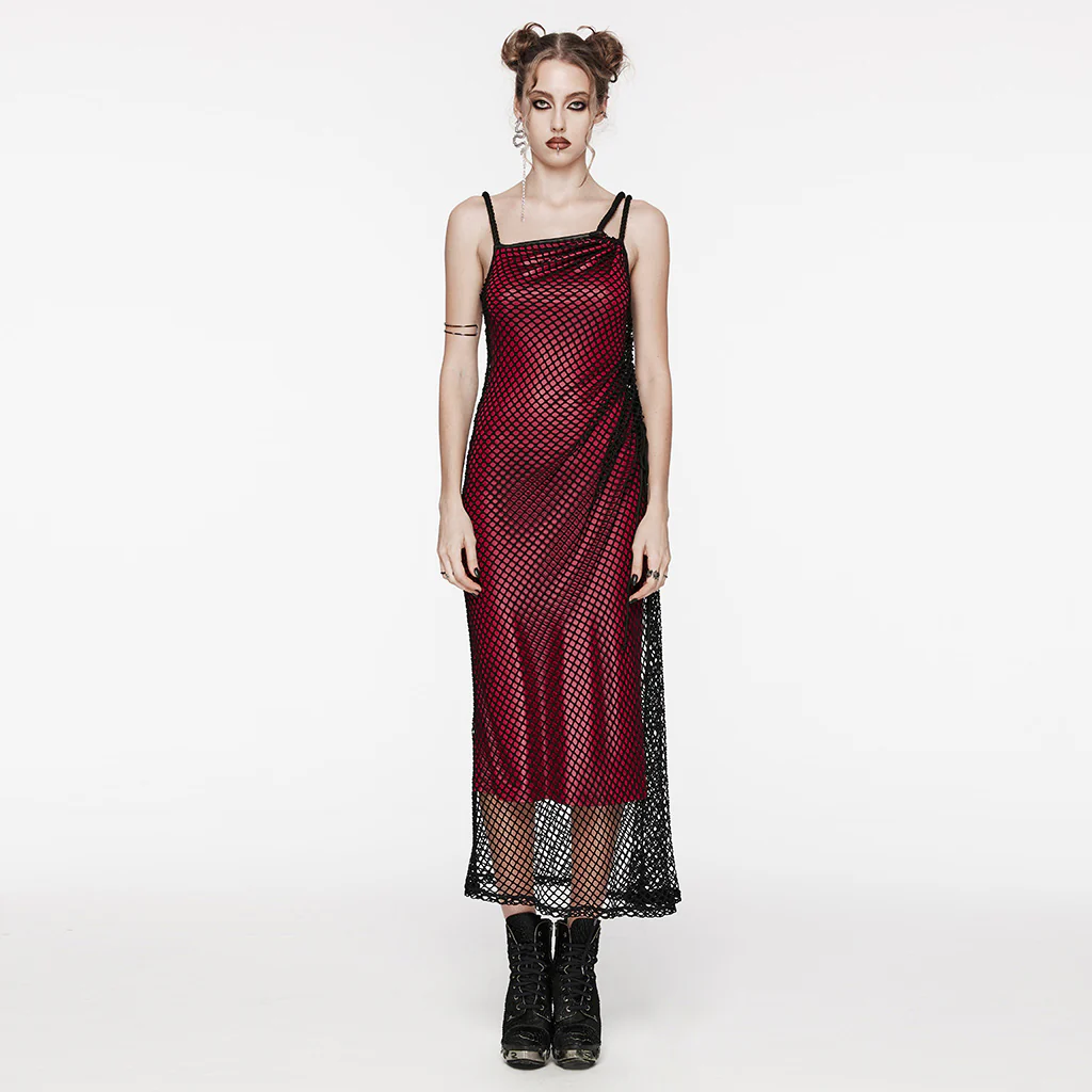 OQ-721LQF Gothic Dress Fishnet Overlay Asymmetric Shoulder Elegant Red Maxi - Image 3