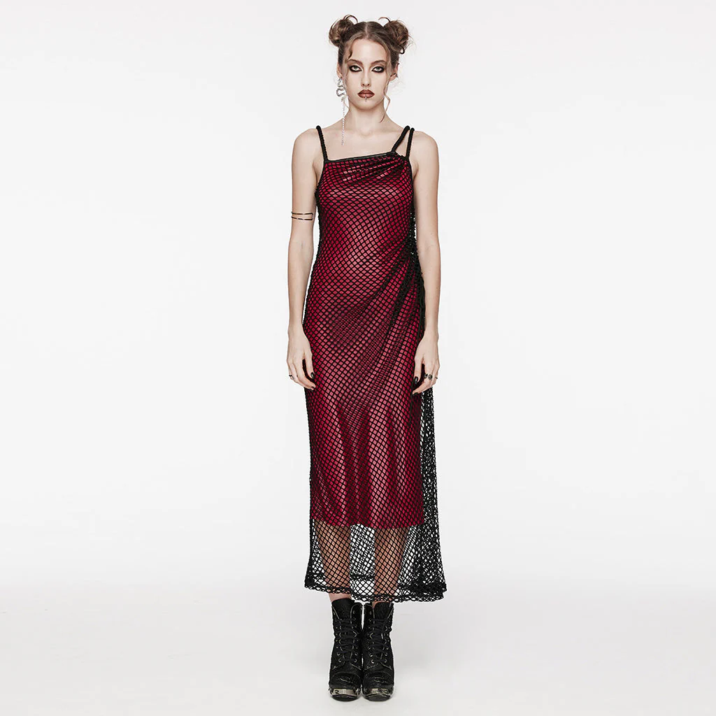 OQ-721LQF Gothic Dress Fishnet Overlay Asymmetric Shoulder Elegant Red Maxi - Image 42