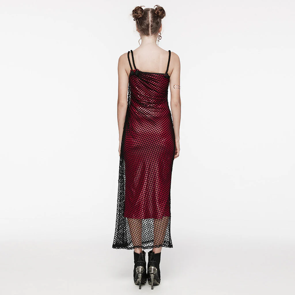 OQ-721LQF Gothic Dress Fishnet Overlay Asymmetric Shoulder Elegant Red Maxi - Image 44