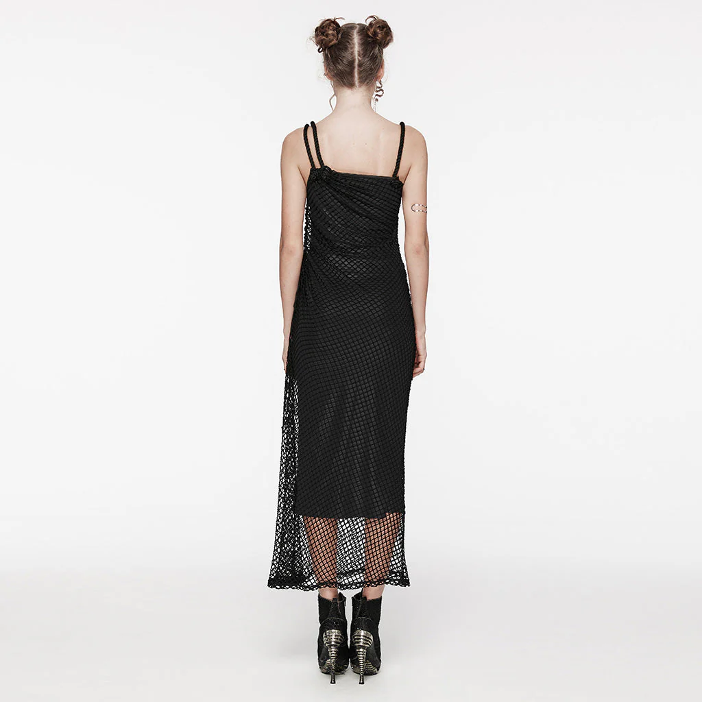 OQ-721LQF Gothic Dress Fishnet Overlay Asymmetric Shoulder Elegant Red Maxi - Image 53