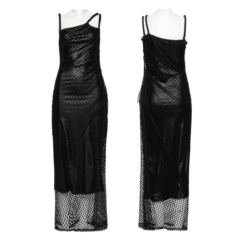 OQ-721LQF Gothic Dress Fishnet Overlay Asymmetric Shoulder Elegant Red Maxi - Image 55