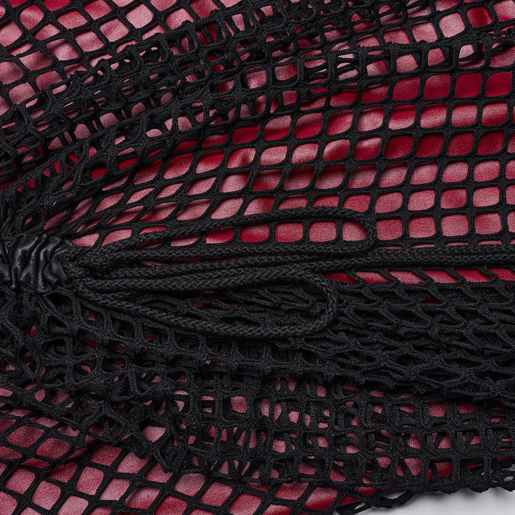 OQ-721LQF Gothic Dress Fishnet Overlay Asymmetric Shoulder Elegant Red Maxi - Image 9