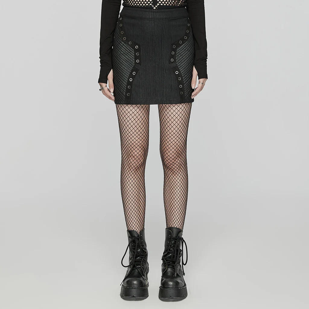 OQ-753BQF Gothic Punk Skirt with Rivet Details and Textured Panels - Image 3