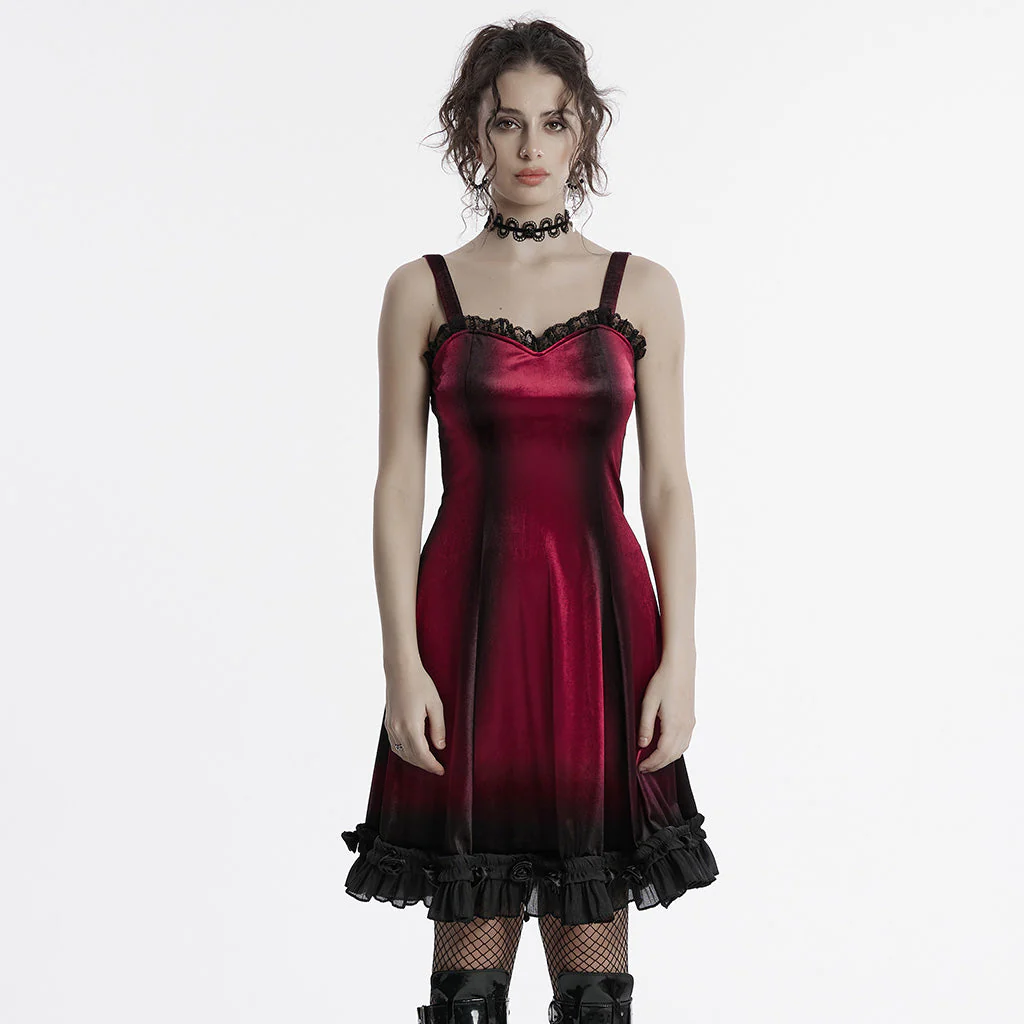 OQ-780DQF Velvet Gothic Dress Red Black Lace Trim Strappy Design - Image 110