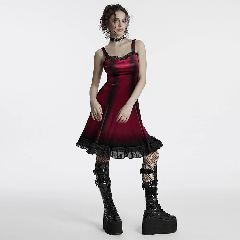OQ-780DQF Velvet Gothic Dress Red Black Lace Trim Strappy Design - Image 114