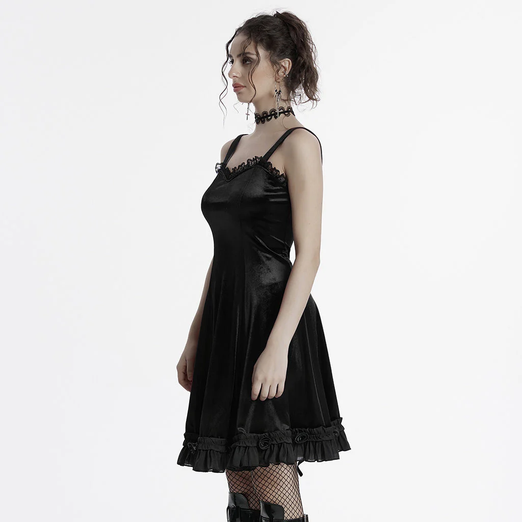 OQ-780DQF Velvet Gothic Dress Red Black Lace Trim Strappy Design - Image 119