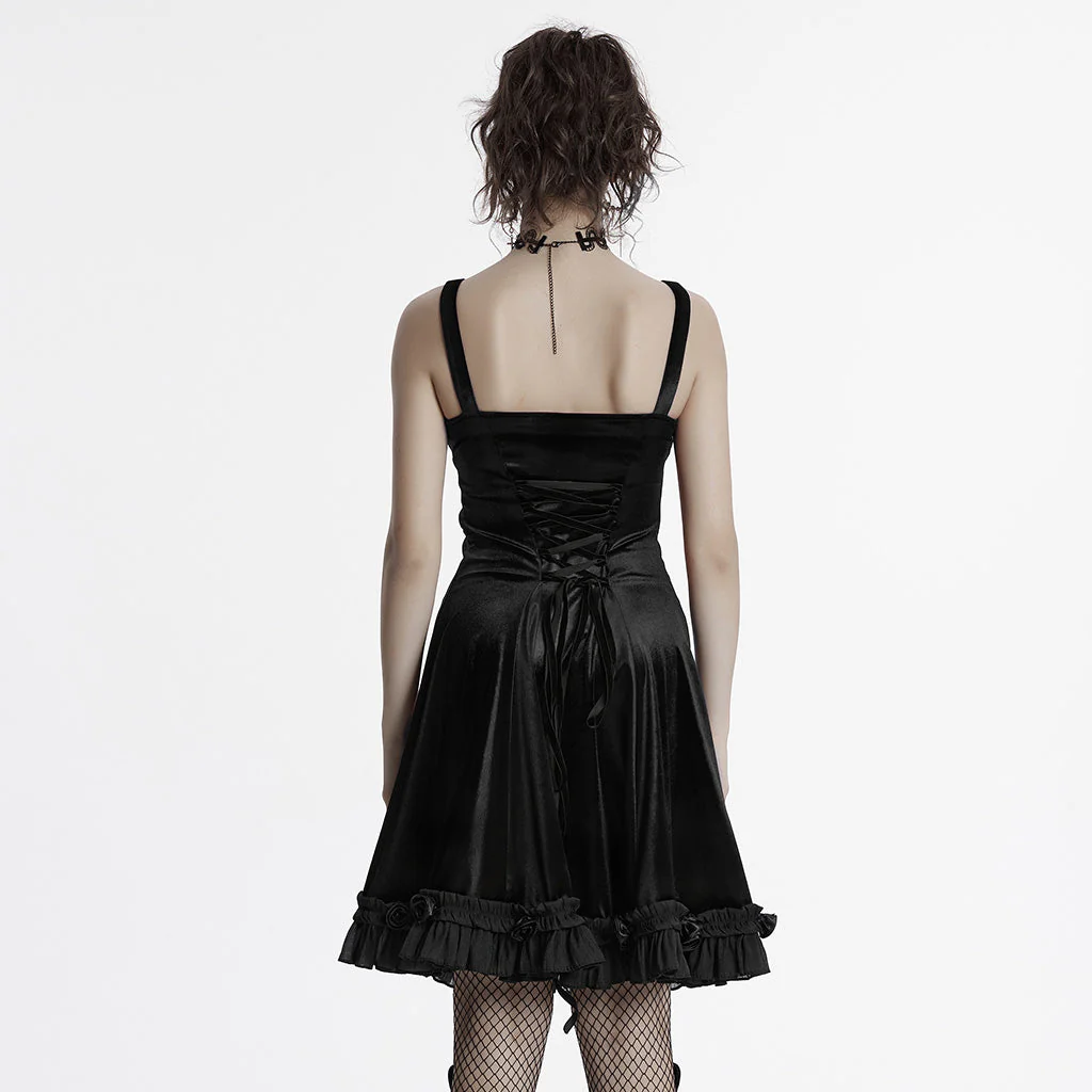 OQ-780DQF Velvet Gothic Dress Red Black Lace Trim Strappy Design - Image 125