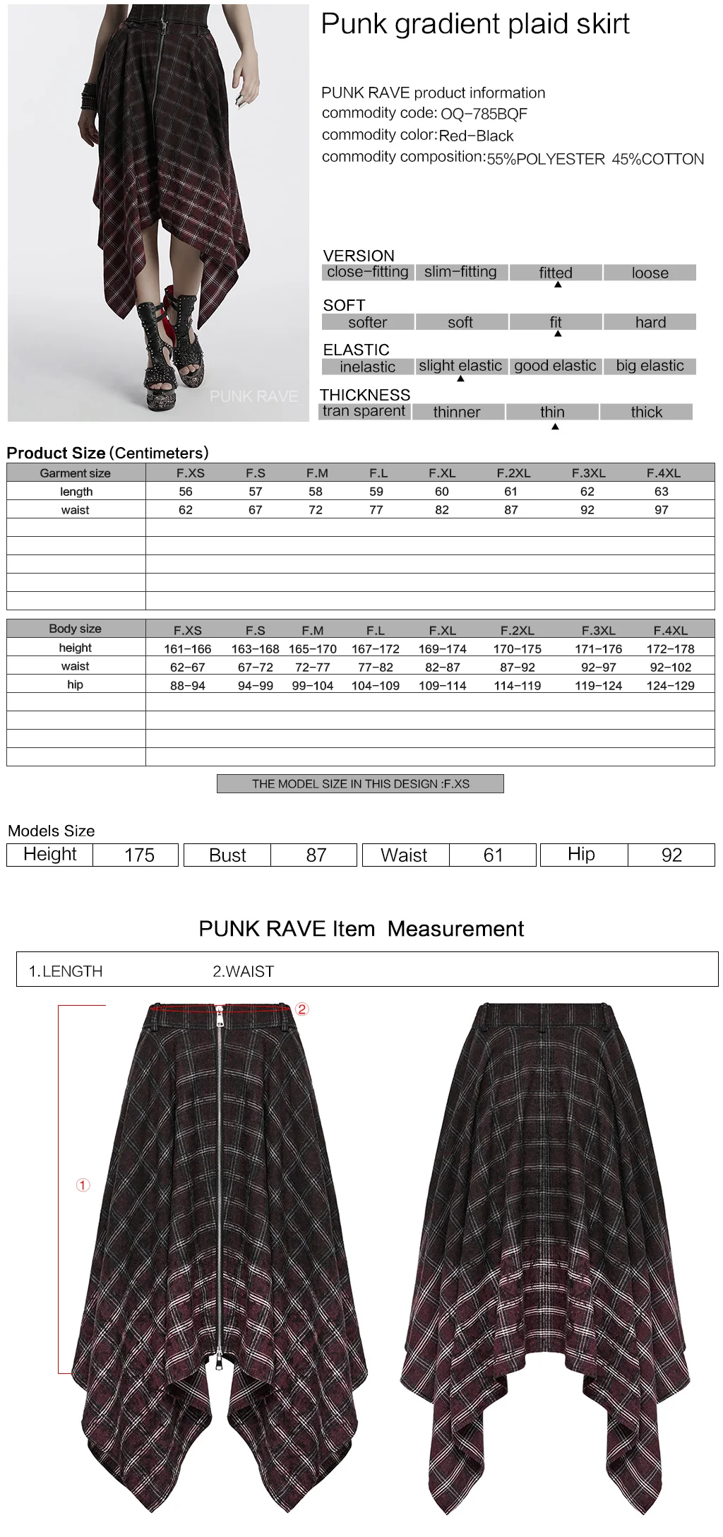 OQ-785BQF Gothic Plaid Asymmetrical Punk Skirt with Zipper Detail - Image 2