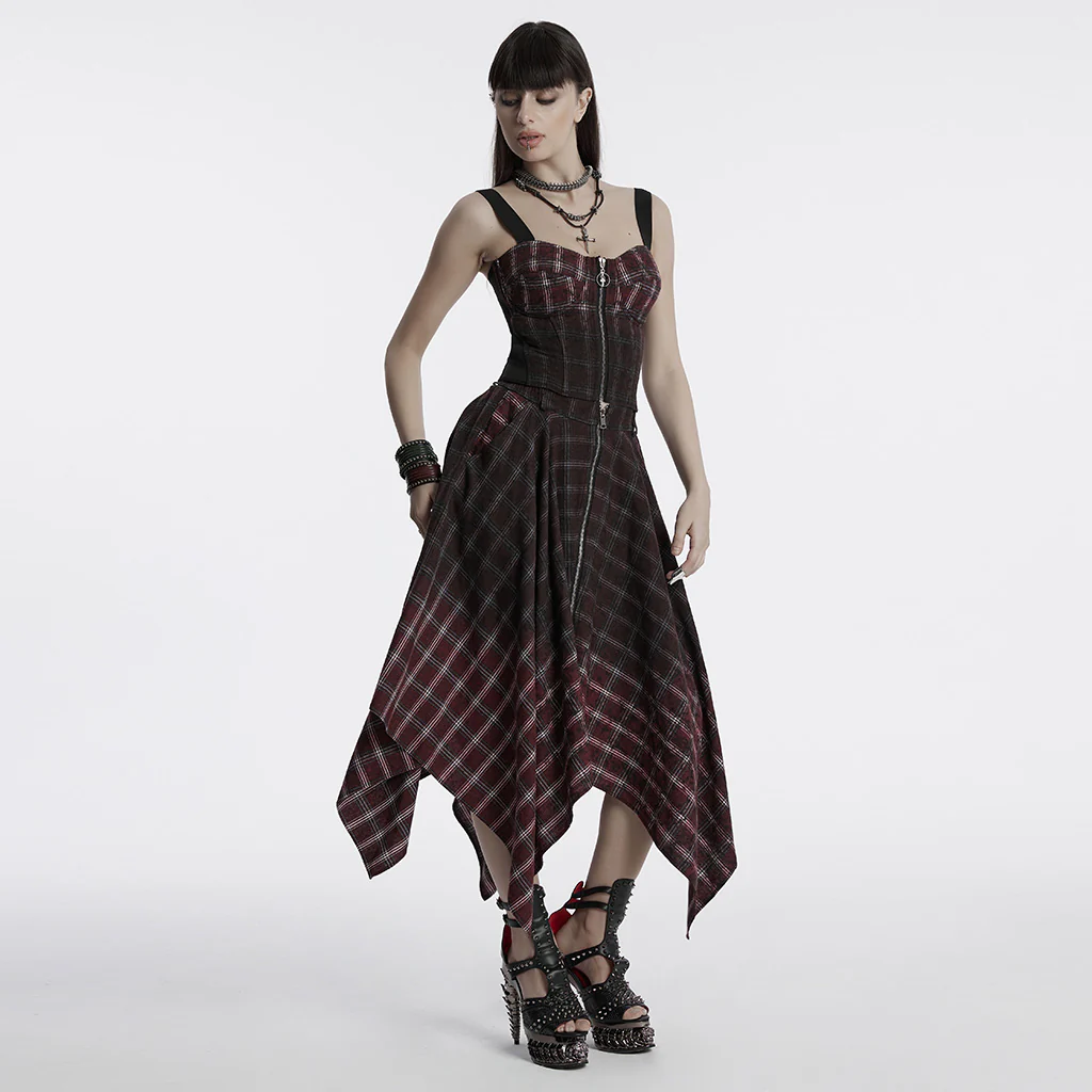 OQ-785BQF Gothic Plaid Asymmetrical Punk Skirt with Zipper Detail - Image 6